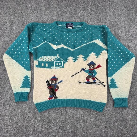 Woolrich Sweaters - Vintage Woolrich Sweater Womens Large Teal Ski Bear Scene Pure Wool Winter Fun